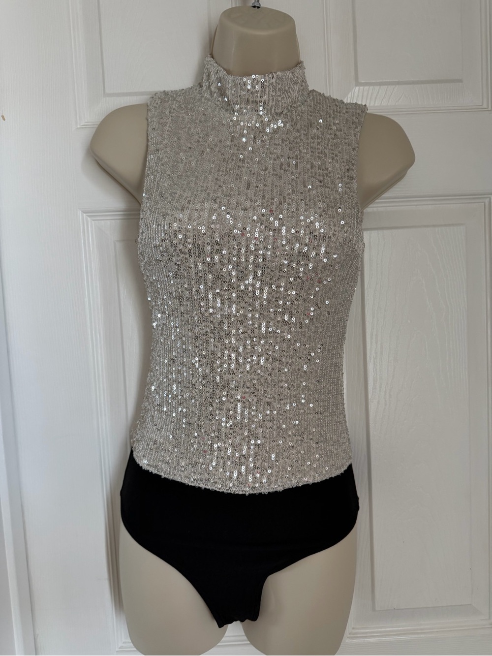7 For All Mankind XS Silver Sequin High Neck Bodysuit Black Party